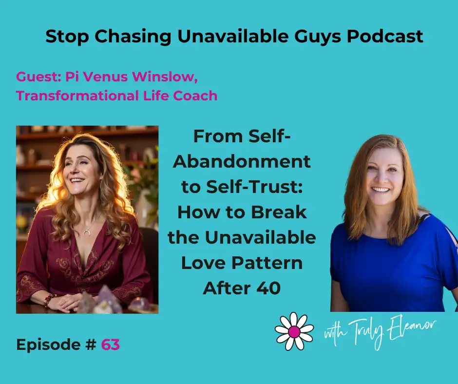 A graphic for a podcast episode about self-abandonment and breaking patterns with emotionally unavailable men while dating after 40. Title reads: From Self-Abandonment to Self-Trust: How to Break the Unavailable Love Pattern After 40 (Ep. 63).